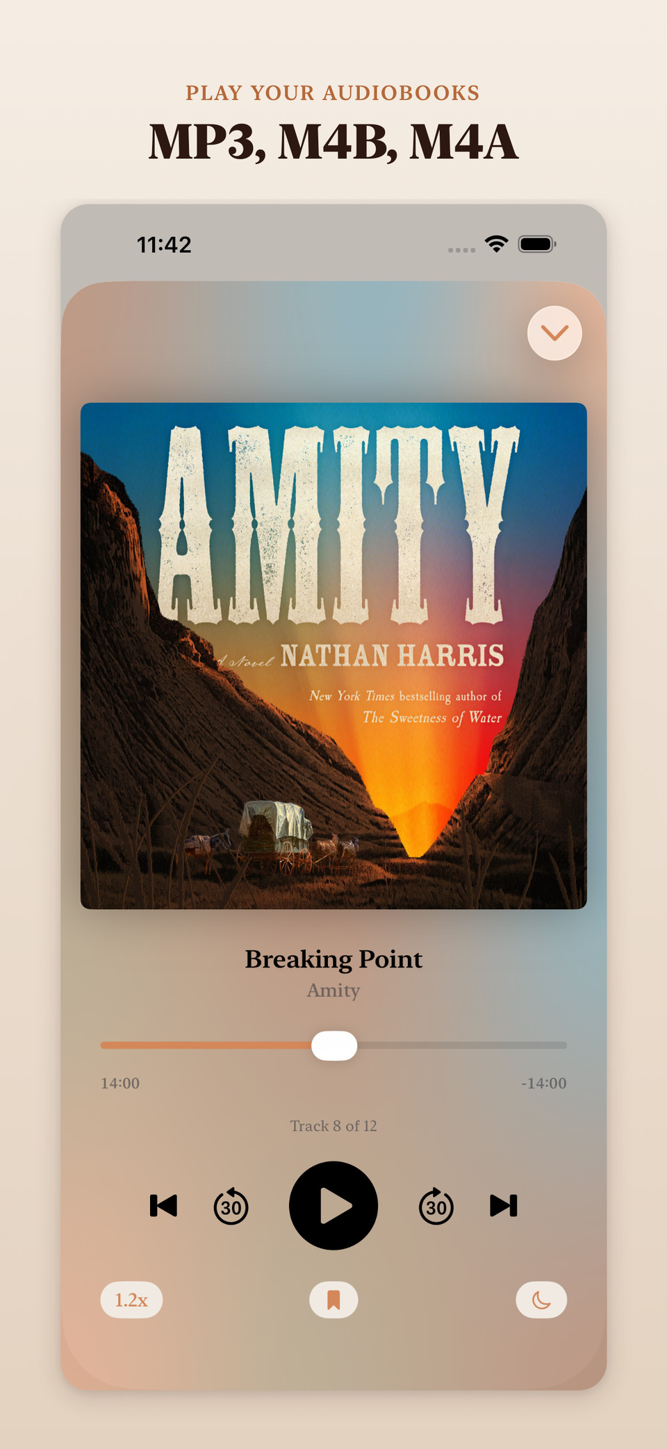 Audiobook Player playback screen with cover art, progress, speed, bookmark, sleep timer, and skip controls
