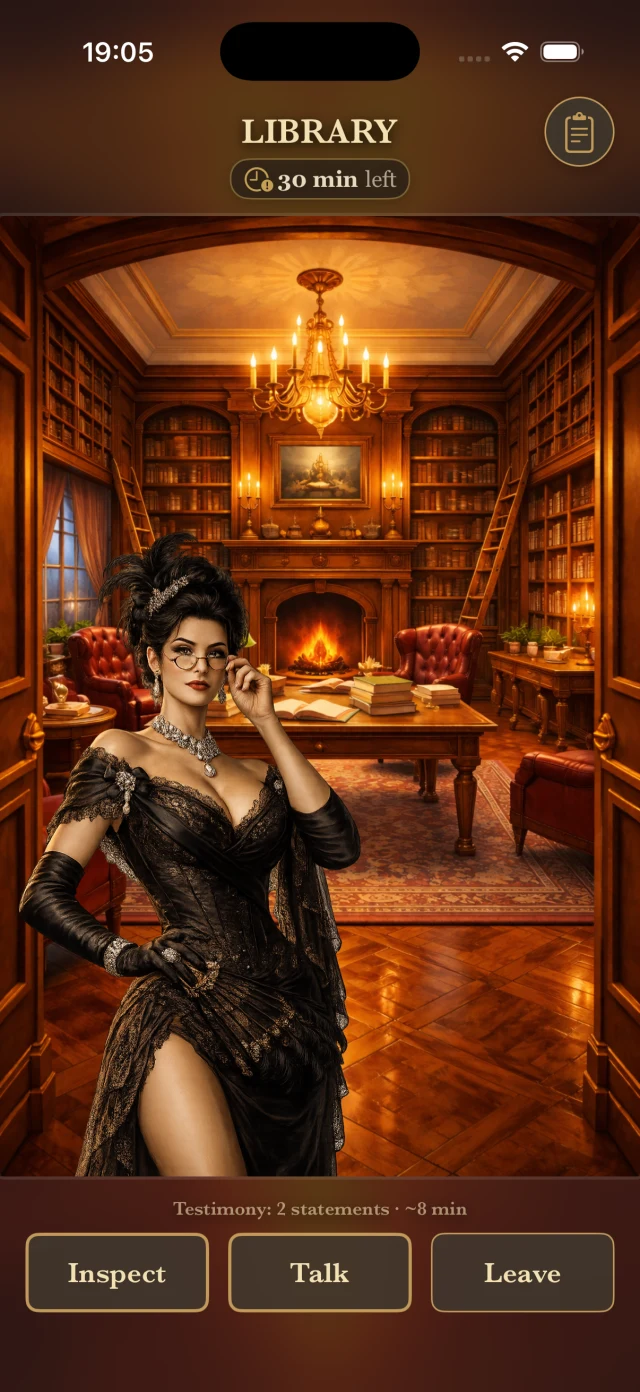 The Library room with Lady Ravenswood and options to inspect, talk or leave
